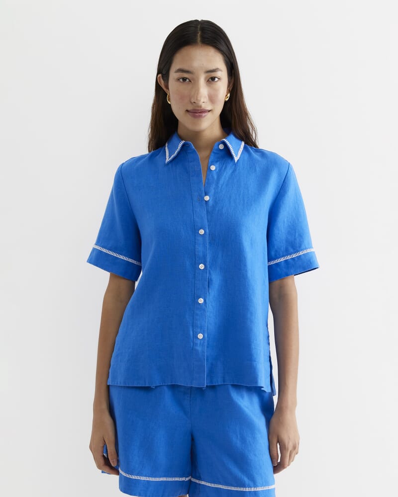 Lulu Blanket Stitch Linen Shirt in PEACOCK