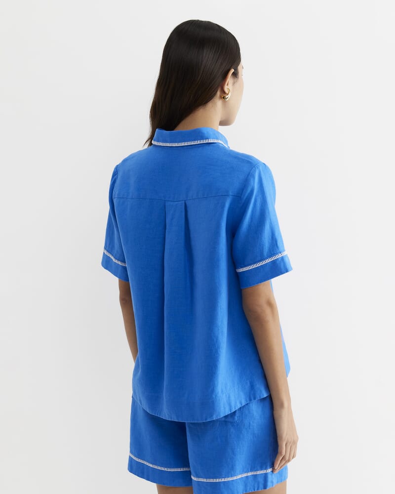 Lulu Blanket Stitch Linen Shirt in PEACOCK