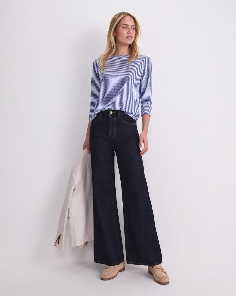 Cecile Linen Top in BLUE/WHITE