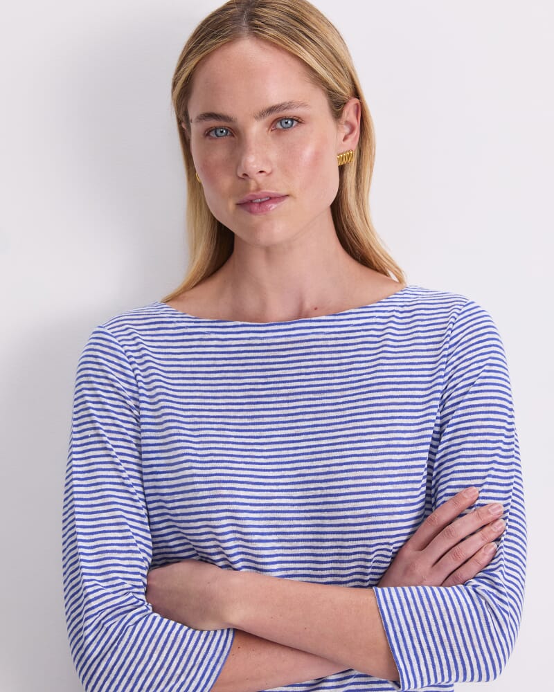 Cecile Linen Top in BLUE/WHITE