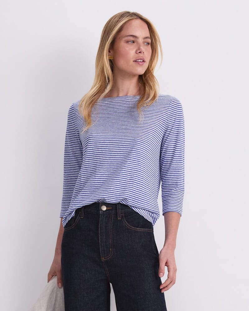 Cecile Linen Top in BLUE/WHITE