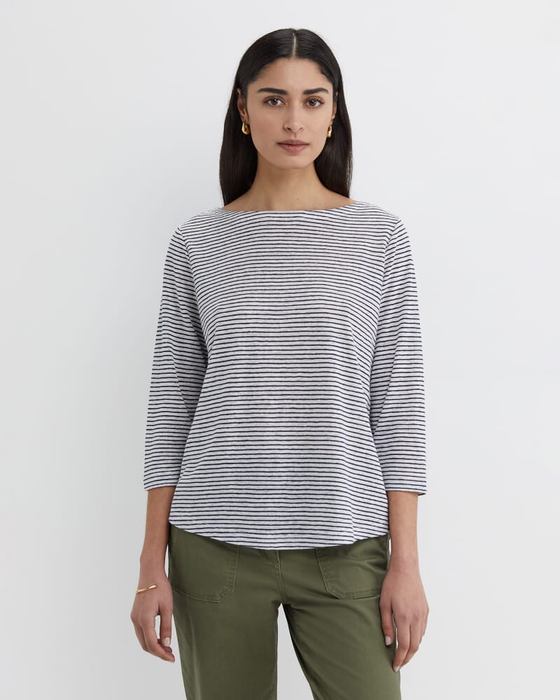 Cecile Linen Top in WHITE/NAVY