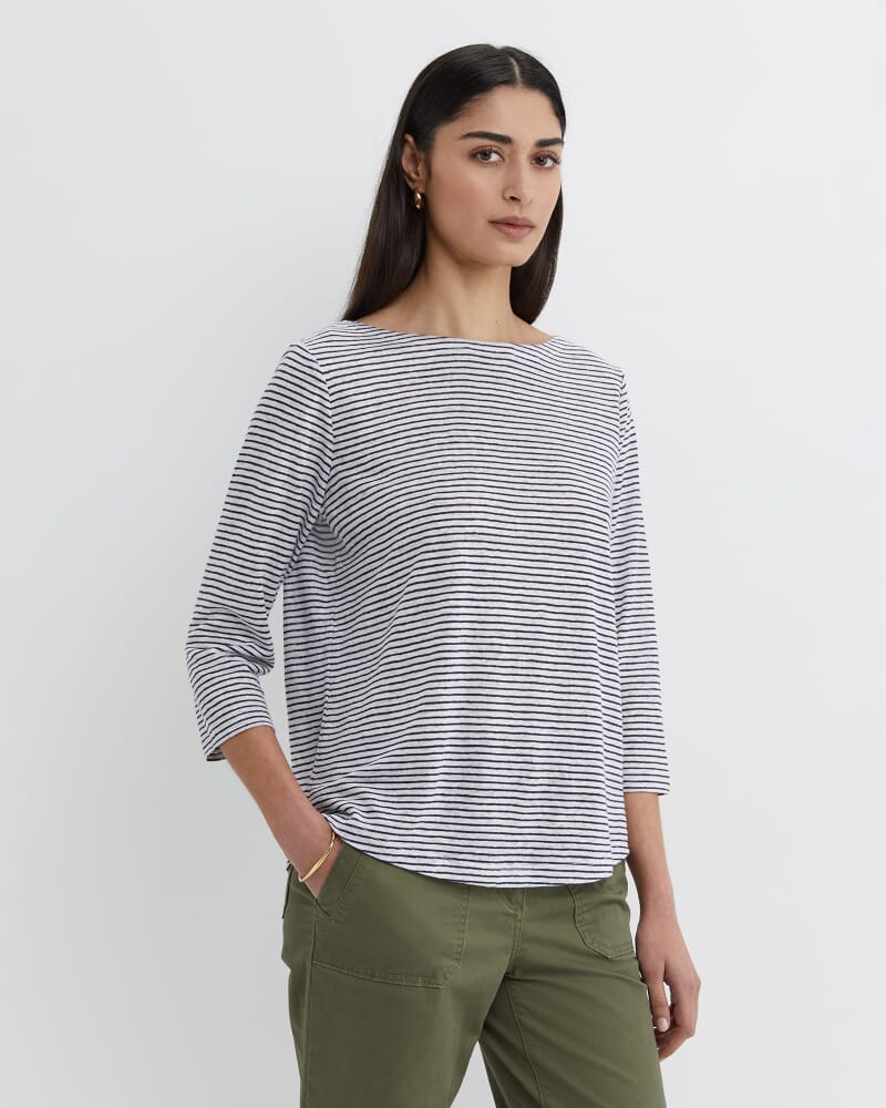 Cecile Linen Top in WHITE/NAVY