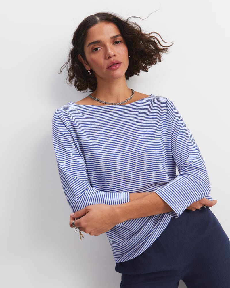 Cecile Linen Top in BLUE/WHITE