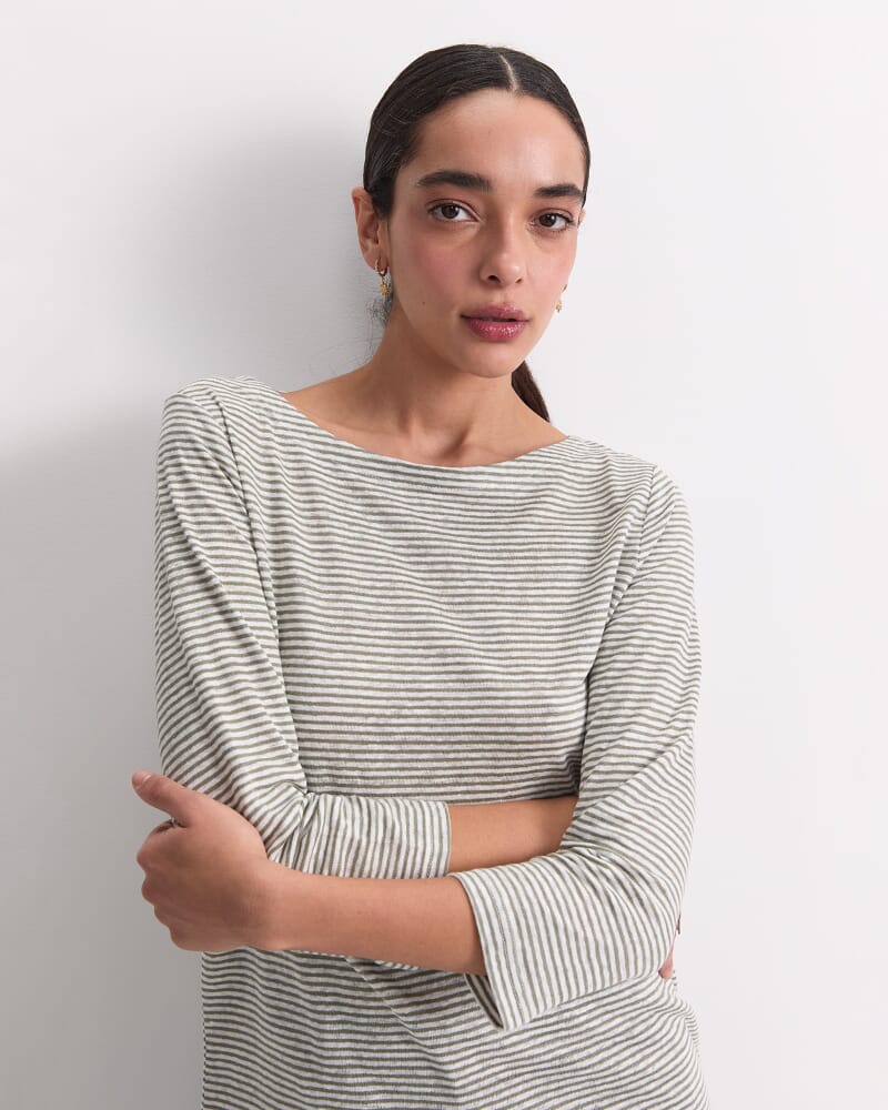Cecile Linen Top in KHAKI/WHITE