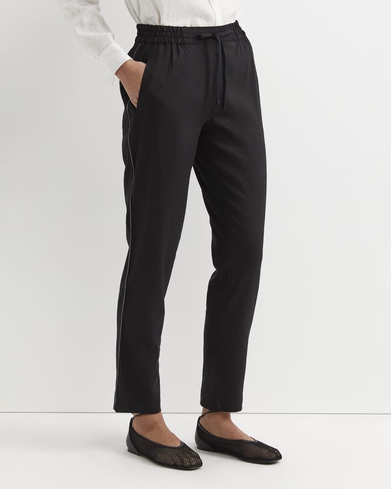 Rosa Bead Trim Linen Pant in BLACK