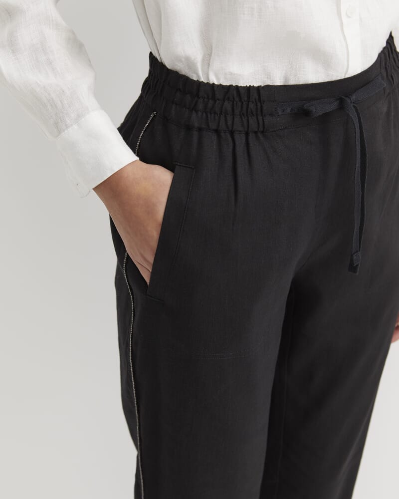 Rosa Bead Trim Linen Pant in BLACK
