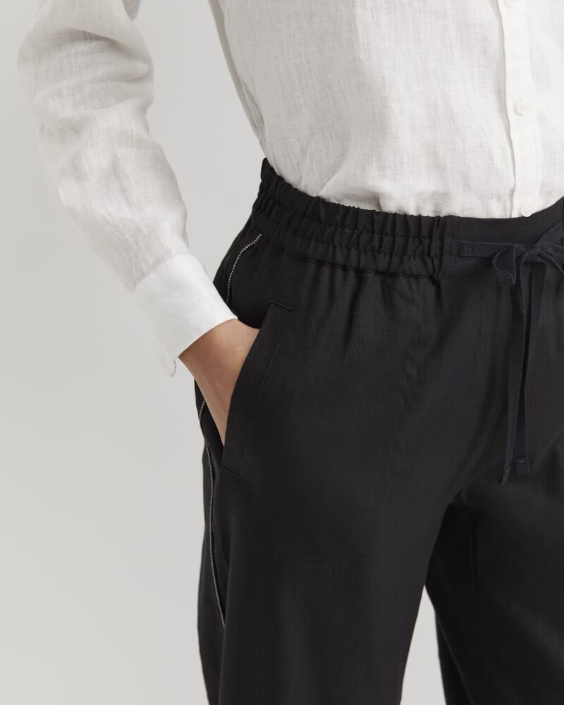 Rosa Bead Trim Linen Pant in BLACK