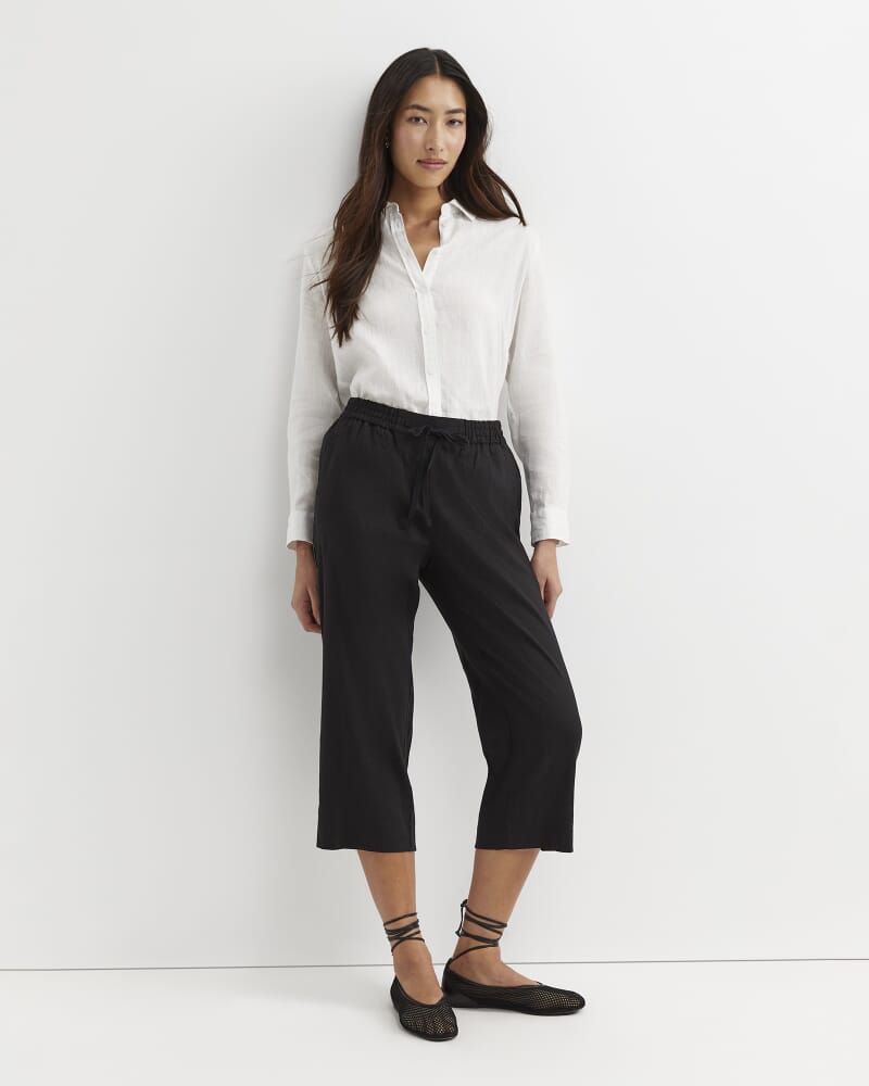 Rosa Bead Trim Crop Linen Pant in BLACK