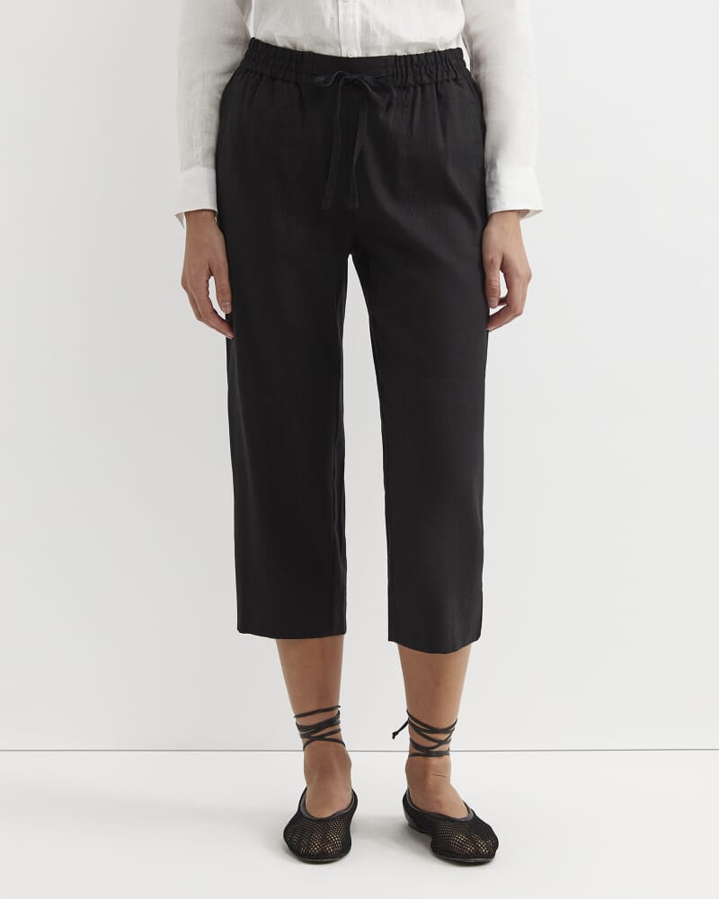 Rosa Bead Trim Crop Linen Pant in BLACK