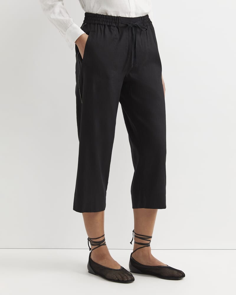 Rosa Bead Trim Crop Linen Pant in BLACK