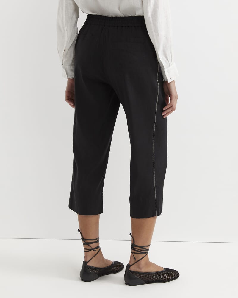 Rosa Bead Trim Crop Linen Pant in BLACK