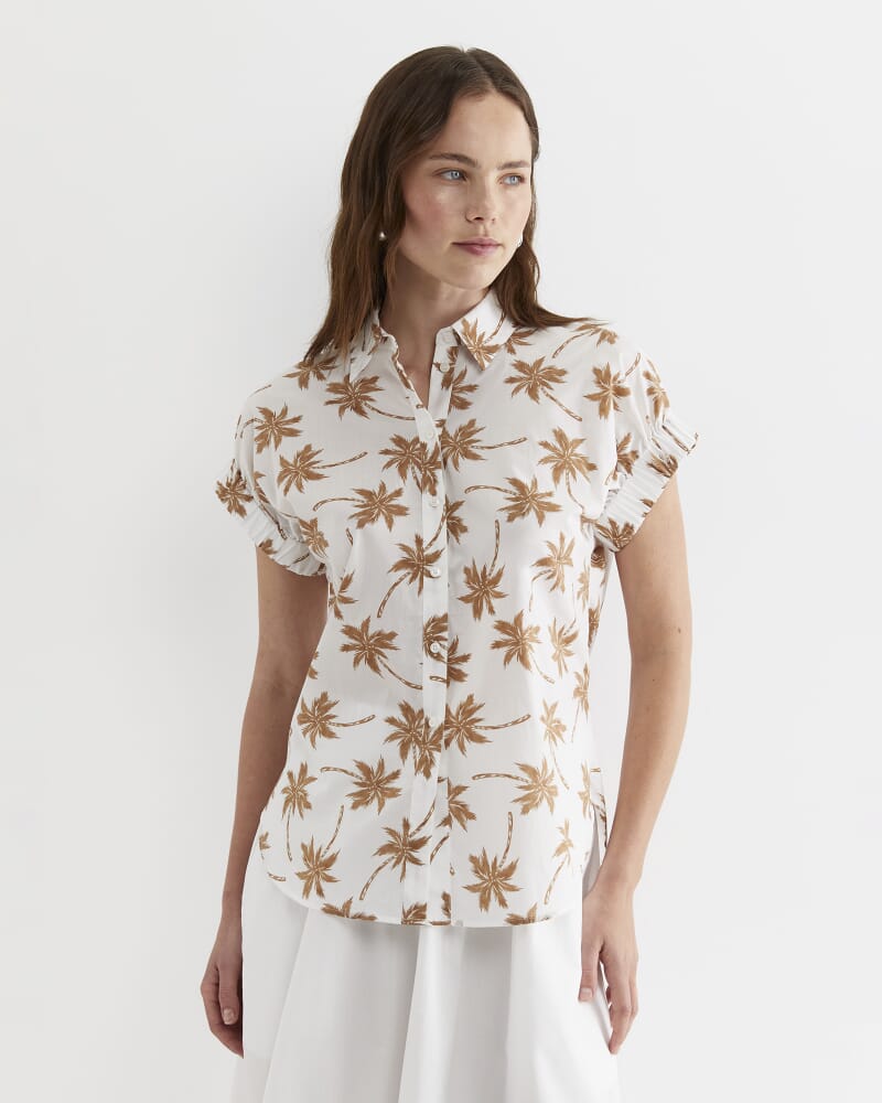Palm Short Sleeve Lily Voile Shirt in TAN/WHITE