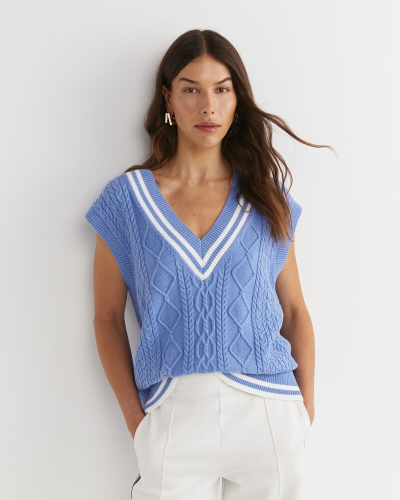 Elka Cable V-Neck Vest in BELLE BLUE