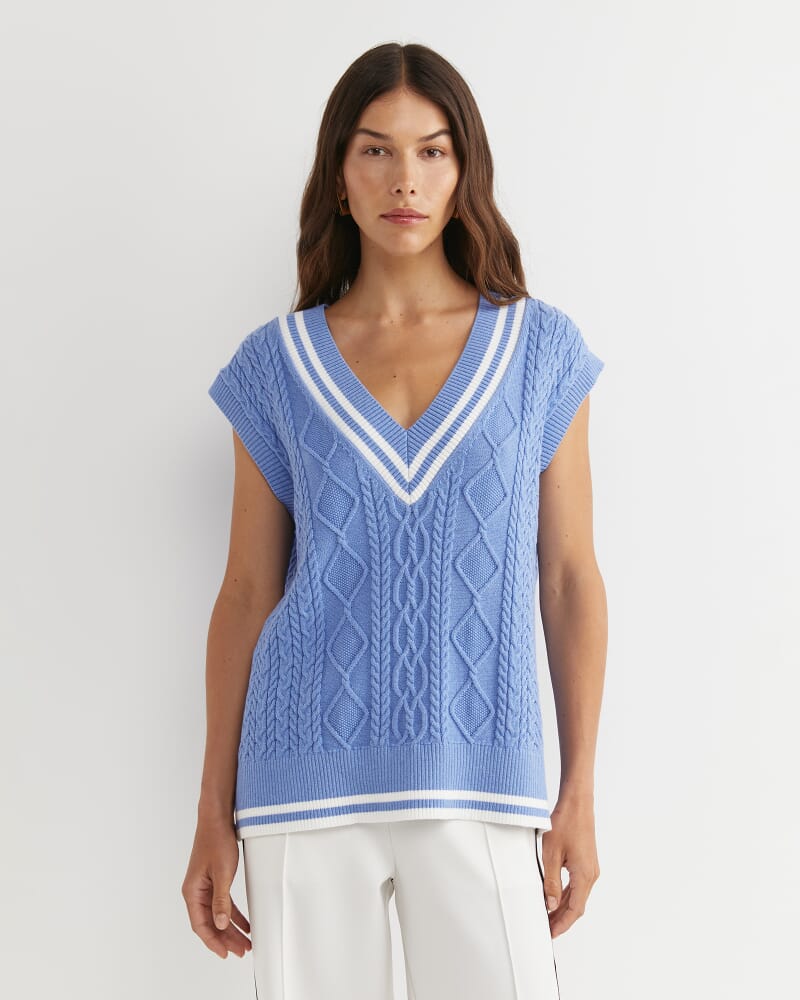 Elka Cable V-Neck Vest in BELLE BLUE
