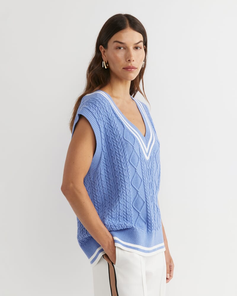 Elka Cable V-Neck Vest in BELLE BLUE