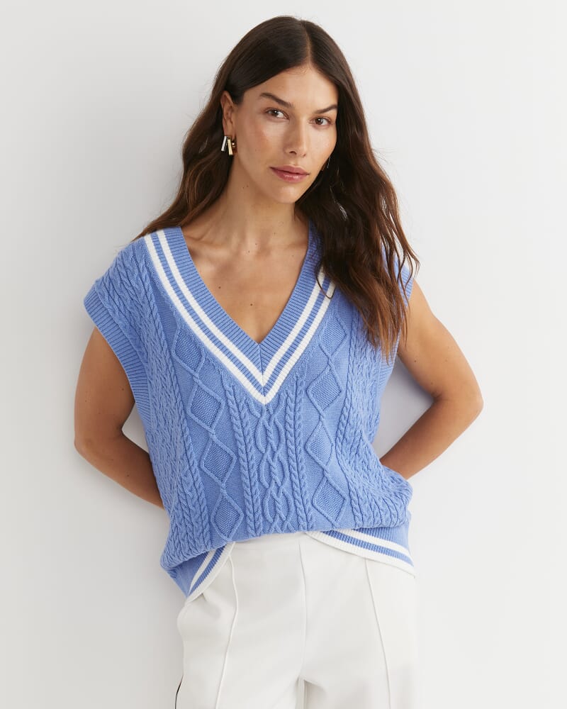 Elka Cable V-Neck Vest in BELLE BLUE