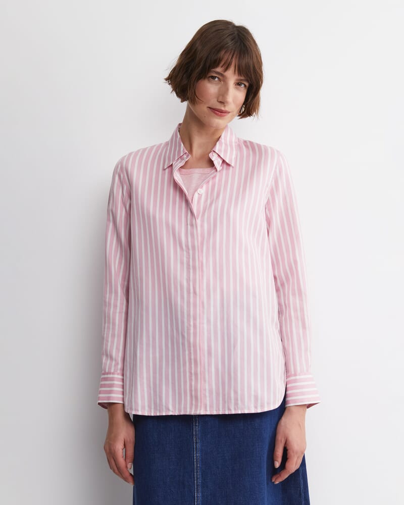 Hannah Stripe Cotton Silk Shirt in WHITE/PINK