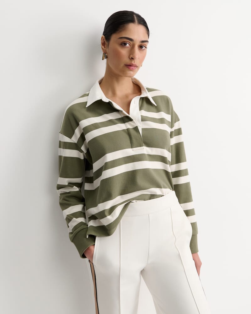 Jane Cropped Rugby Shirt in KHAKI/WHITE