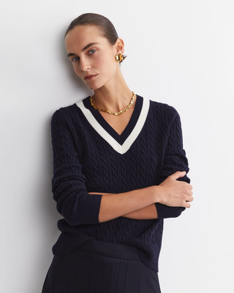 Baby Cable V-Neck Sweater in NAVY/WHITE