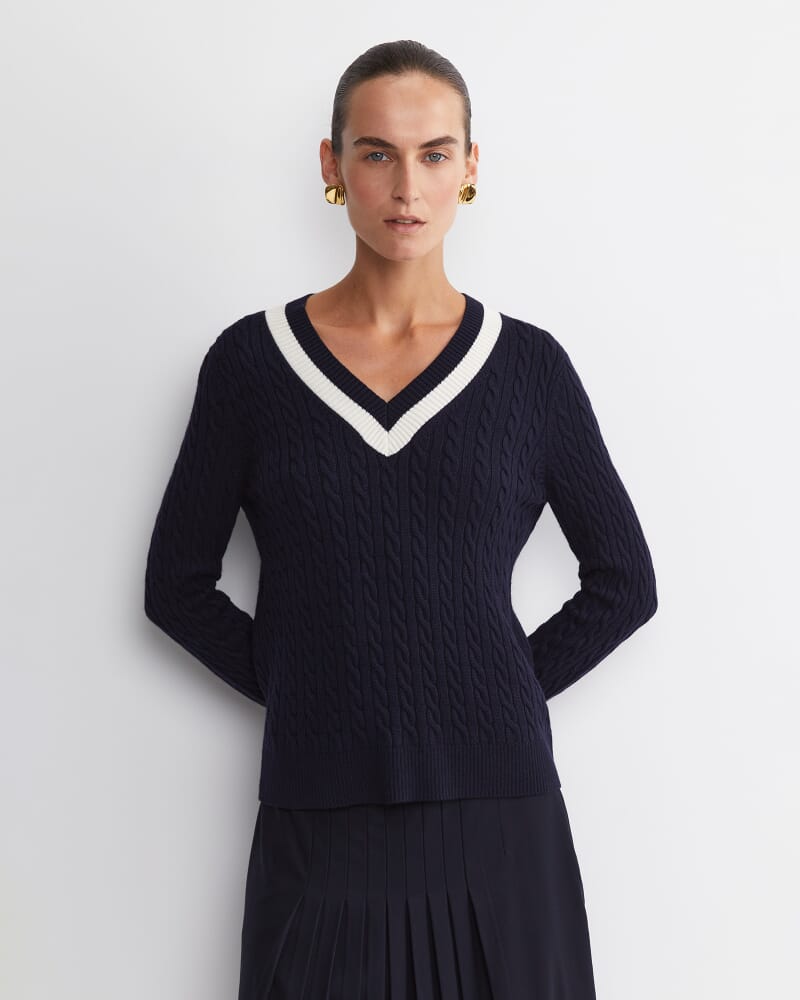 Baby Cable V-Neck Sweater in NAVY/WHITE
