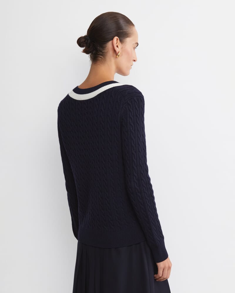 Baby Cable V-Neck Sweater in NAVY/WHITE