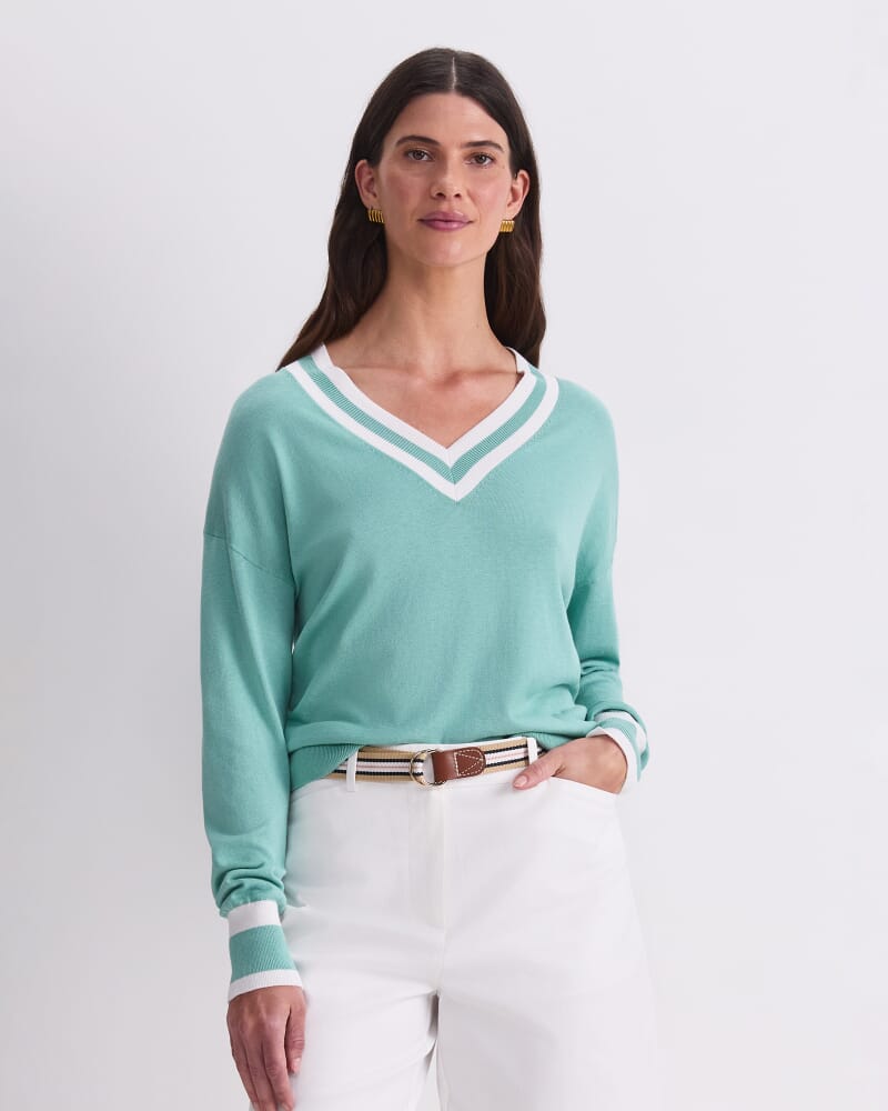 Alphine Silk Blend V-Neck Sweater in MINT/IVORY