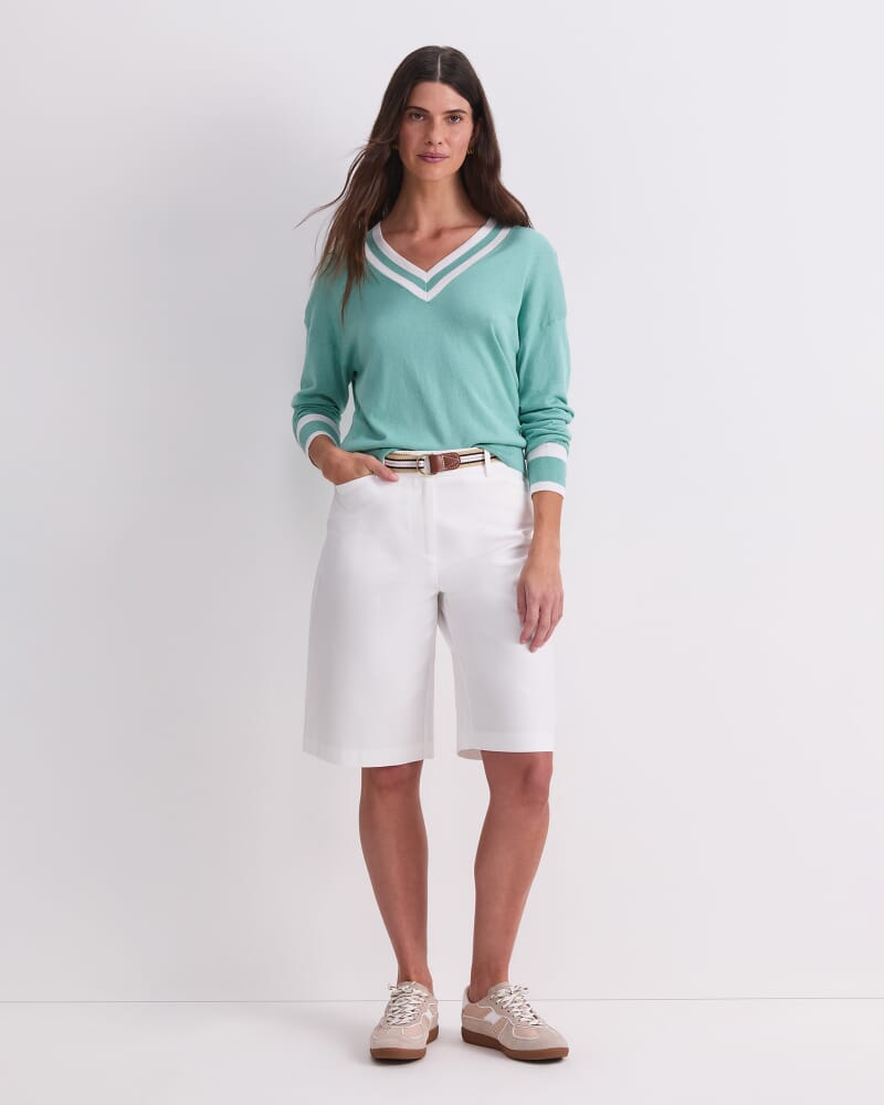 Alphine Silk Blend V-Neck Sweater in MINT/IVORY