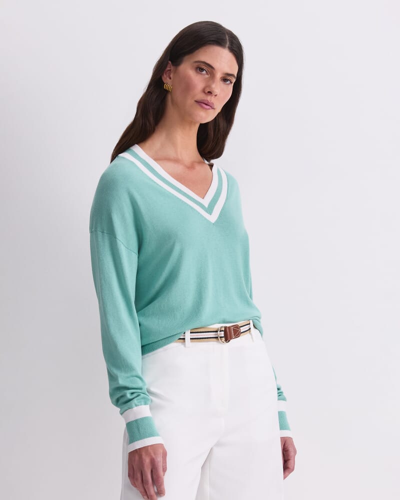 Alphine Silk Blend V-Neck Sweater in MINT/IVORY