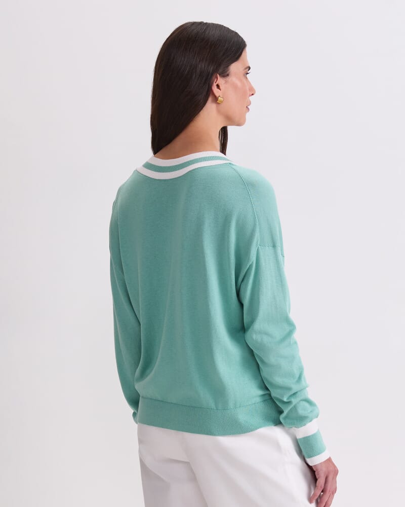 Alphine Silk Blend V-Neck Sweater in MINT/IVORY