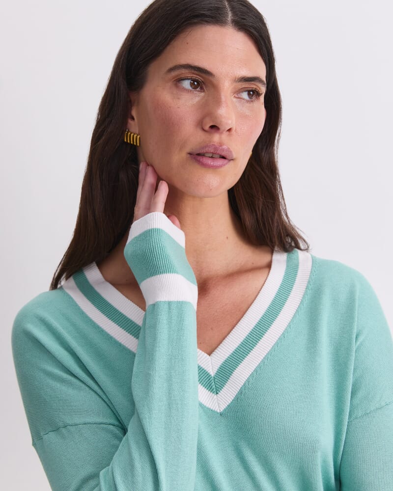 Alphine Silk Blend V-Neck Sweater in MINT/IVORY