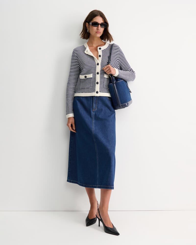Joyce Merino Wool Cardigan in NAVY/WHITE