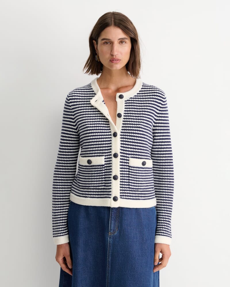 Joyce Merino Wool Cardigan in NAVY/WHITE