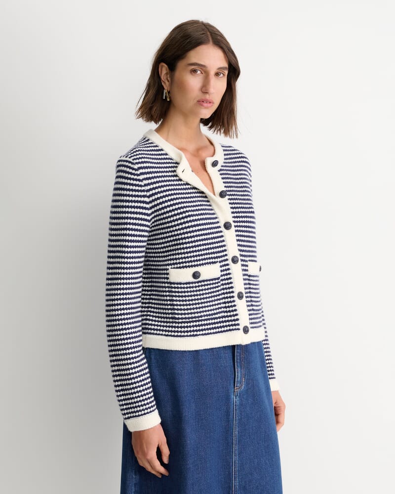 Joyce Merino Wool Cardigan in NAVY/WHITE