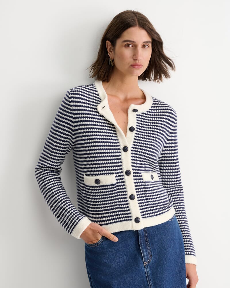 Joyce Merino Wool Cardigan in NAVY/WHITE
