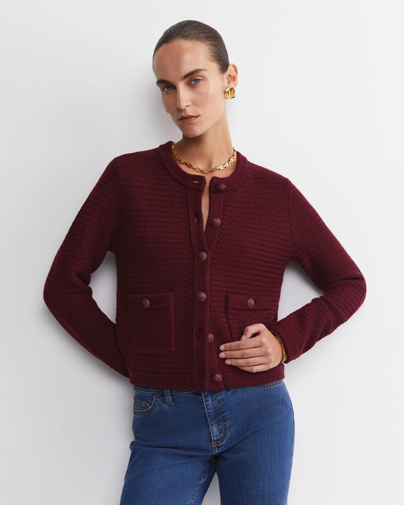 Joyce Merino Wool Cardigan in WINE