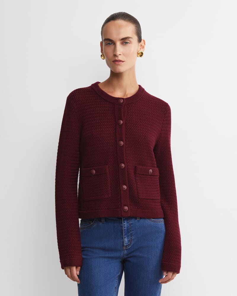 Joyce Merino Wool Cardigan in WINE