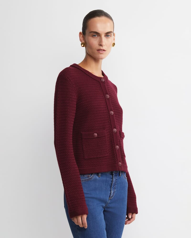 Joyce Merino Wool Cardigan in WINE