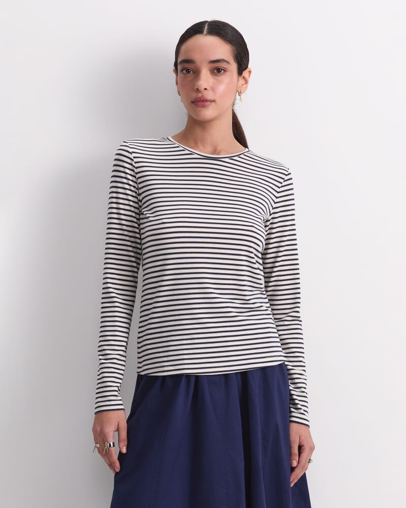 Stripe Lurex Long Sleeve Magic Tee in NAVY