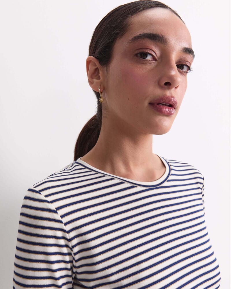 Stripe Lurex Long Sleeve Magic Tee in NAVY