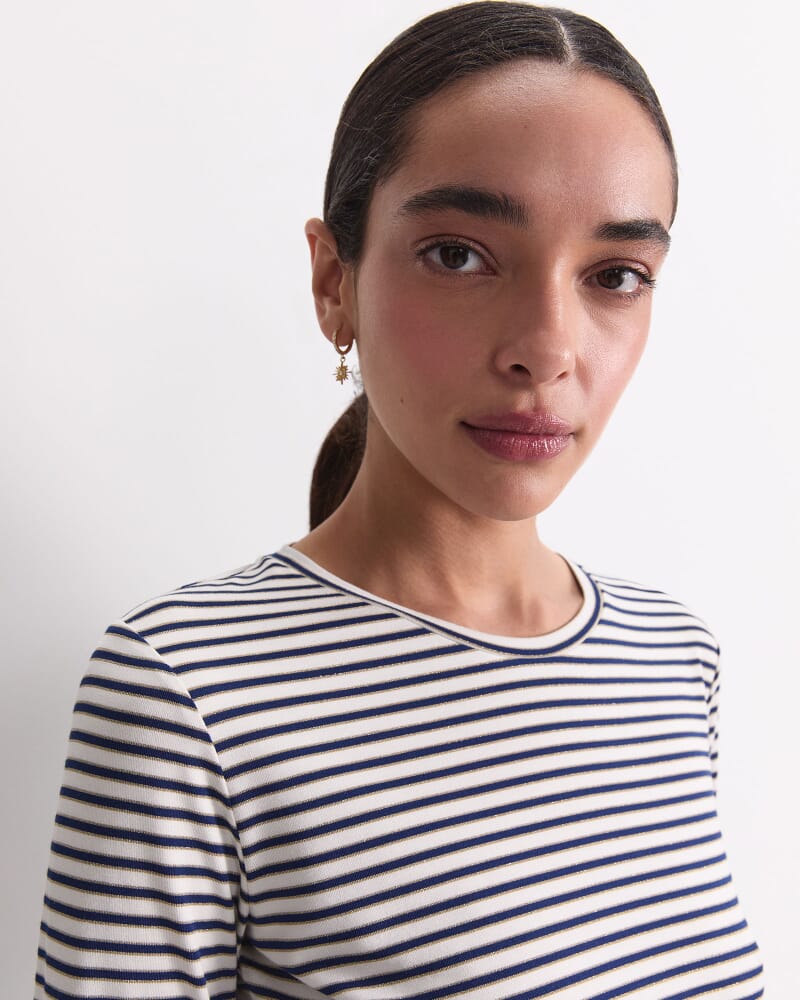 Stripe Lurex Long Sleeve Magic Tee in NAVY