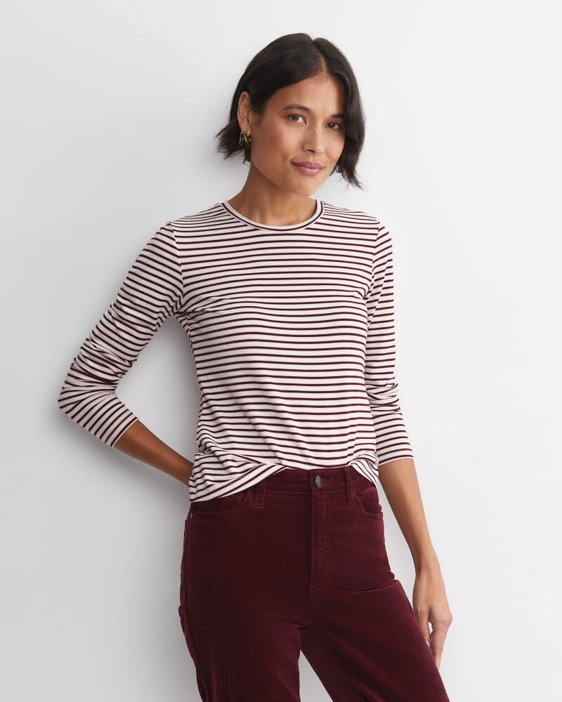 Stripe Lurex Long Sleeve Magic Tee in WINE
