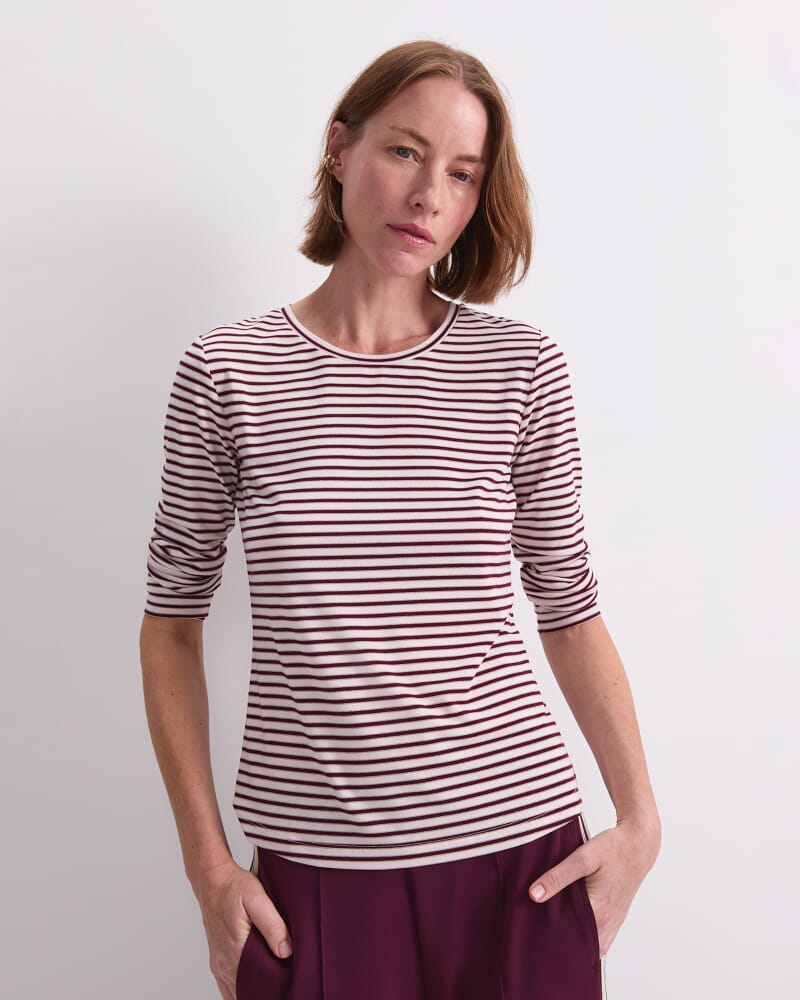 Stripe Lurex Long Sleeve Magic Tee in WINE