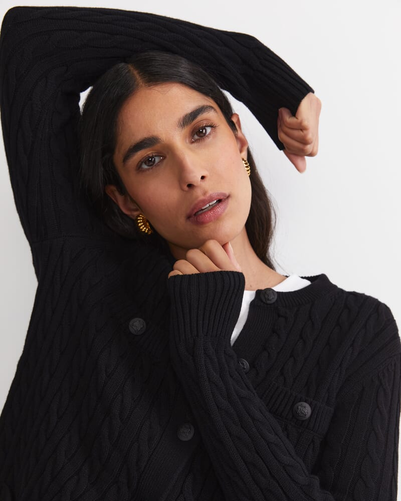 Longline Merino Blend Cable Cardigan in BLACK