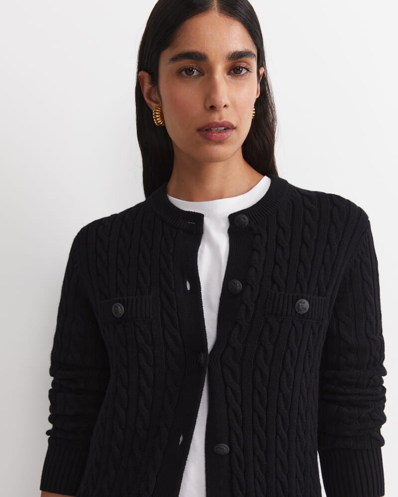 Longline Merino Blend Cable Cardigan in BLACK