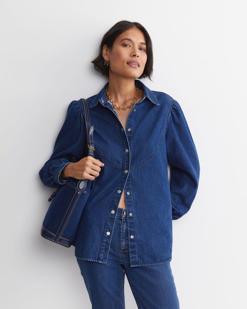 Kali Long Sleeve Denim Blouse in DENIM MID WASH