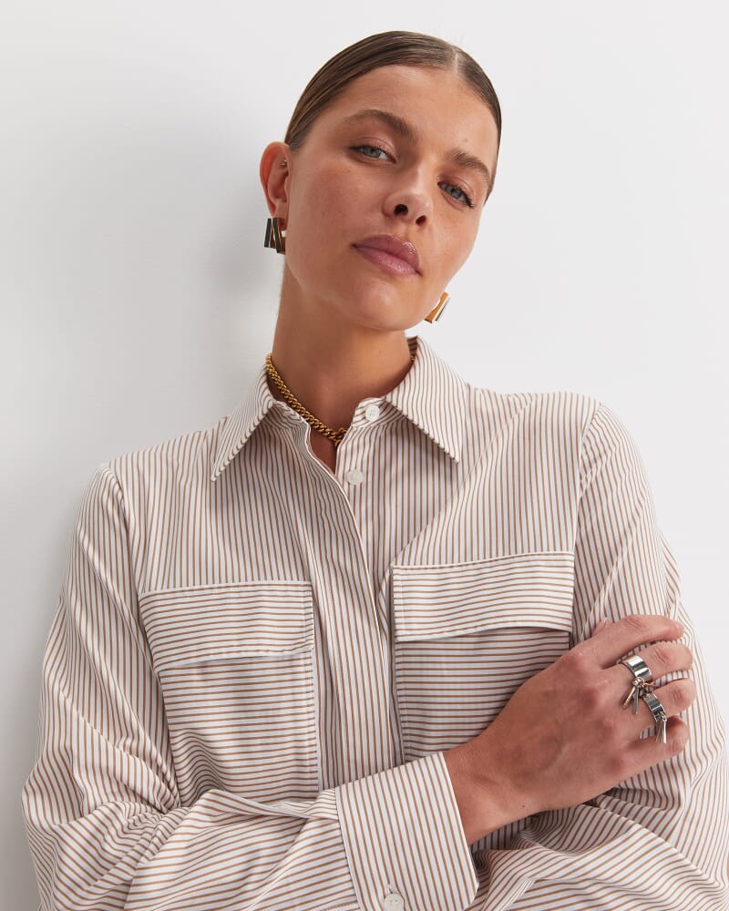 Stripe Pocket Shirt in TAN/WHITE