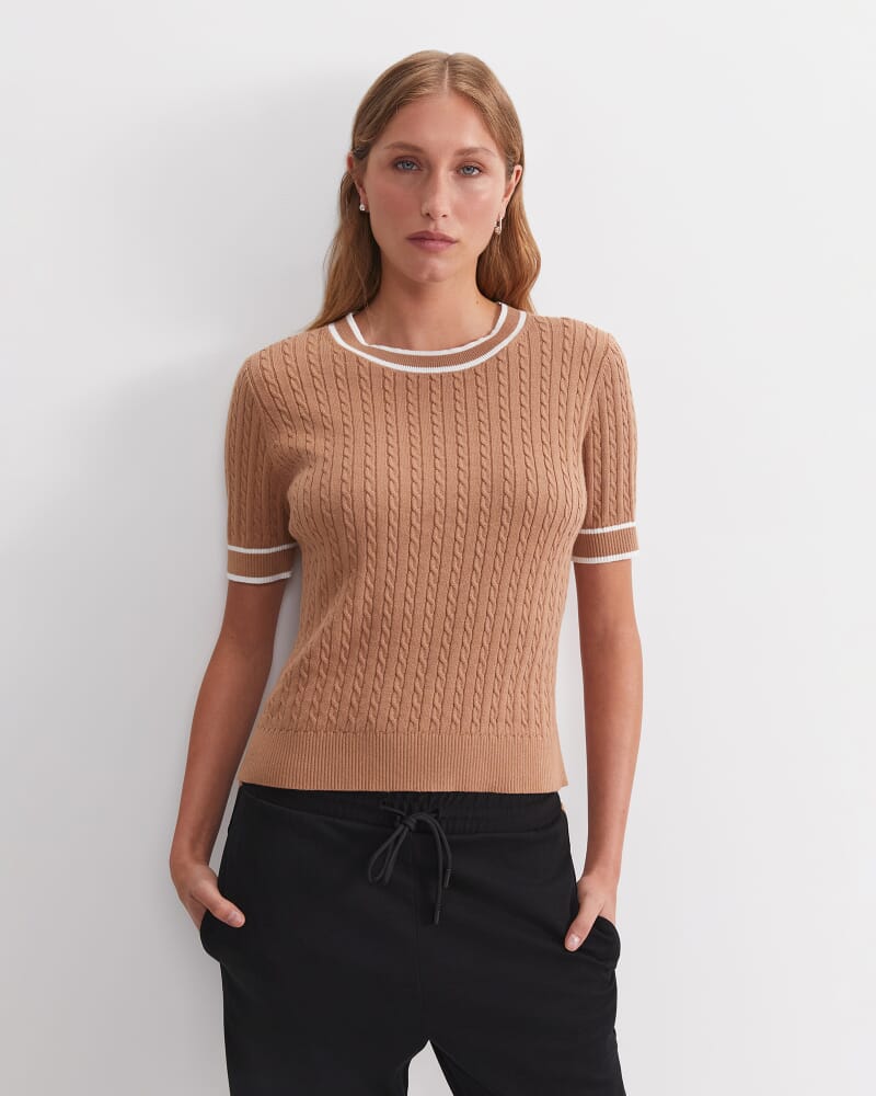 Elka Cable Short Sleeve Knit in TAN/WHITE