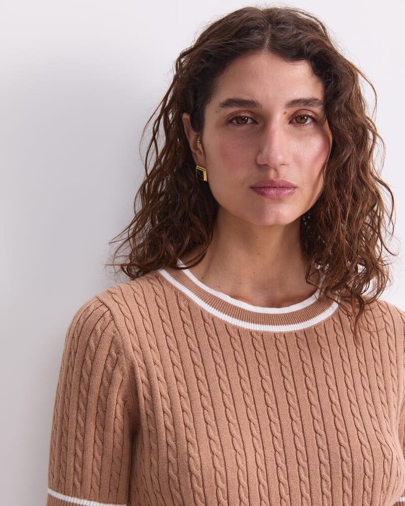 Elka Cable Short Sleeve Knit in TAN/WHITE