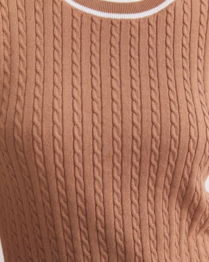Elka Cable Short Sleeve Knit in TAN/WHITE